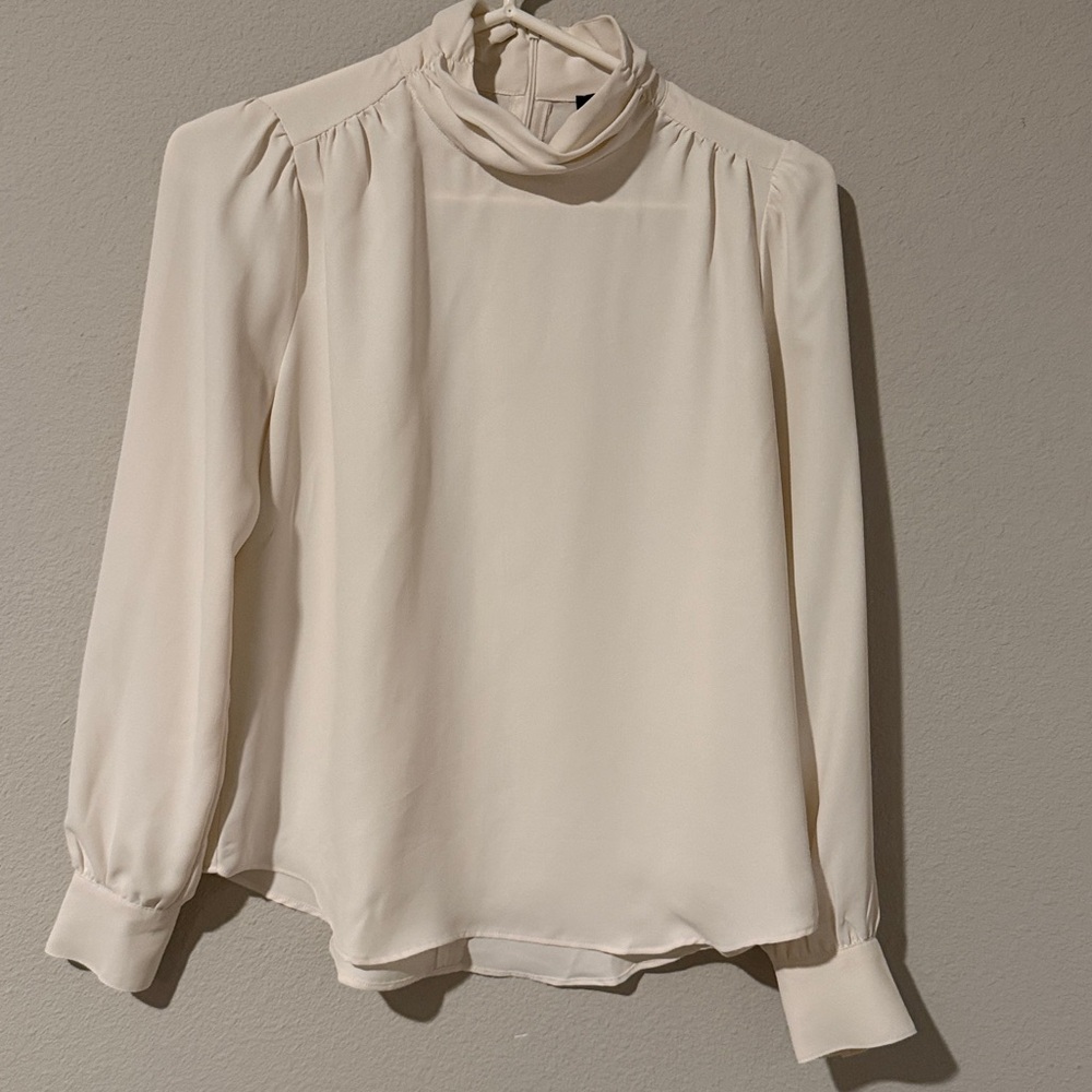 Ann Taylor Cream High-Neck Long-Sleeve Blouse